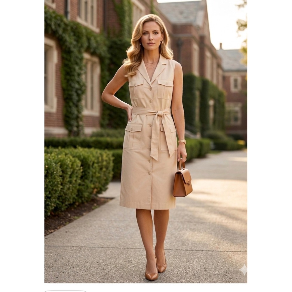 ANTONIO MELANI Sleeveless Beige Utility Midi Dress with Tie Belt